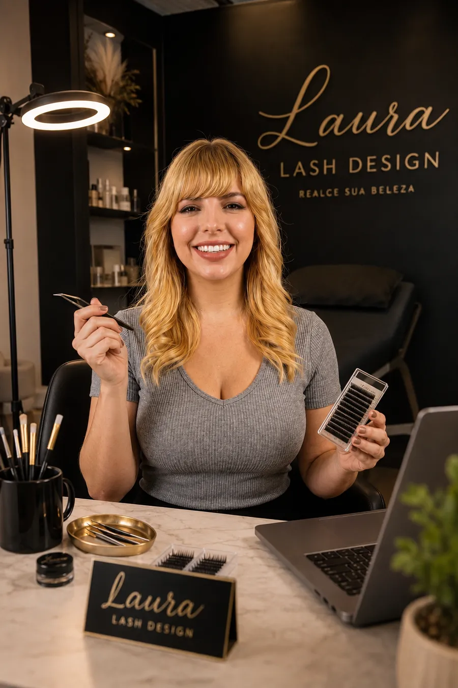 Laura, profissional de cílios, em seu estúdio